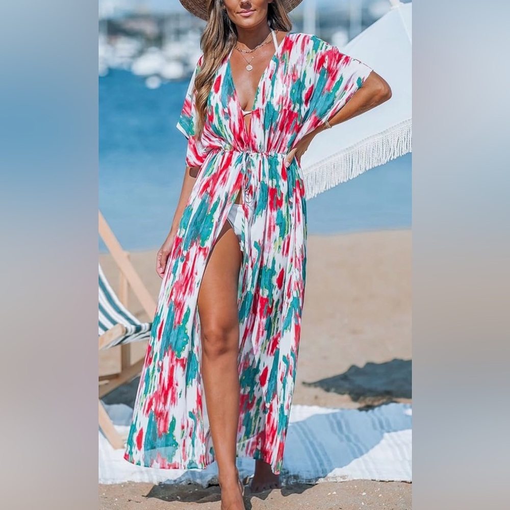 Cupshe NWT SZ L Teal, Red & White Maxi Swim Cover-Up - Picture 2 of 5